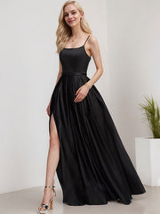 A-line Square Floor-Length Satin Evening Dress