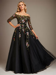 Ball-Gown/Princess Off the Shoulder Floor-Length Lace Floral Tulle Evening Dress With Beading