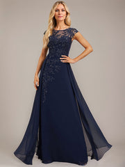 A-line Scoop Illusion Floor-Length Lace Chiffon Evening Dress With Sequins