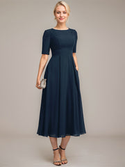 A-line Scoop Tea-Length Chiffon Mother of the Bride Dress With Appliques Lace Sequins