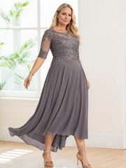 A-line Illusion Boat Neck Asymmetrical Chiffon Lace Mother of the Bride Dress With Sequins Beading