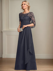 A-line Scoop Illusion Floor-Length Lace Chiffon Mother of the Bride Dress With Cascading Ruffles Sequins