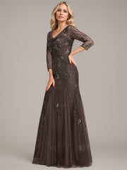 Trumpet/Mermaid Illusion V-Neck Floor-Length Tulle Sequin Lace Mother of the Bride Dress