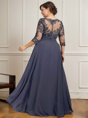 A-line Scoop Illusion Floor-Length Lace Chiffon Mother of the Bride Dress With Cascading Ruffles