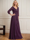 A-line V-Neck Floor-Length Chiffon Mother of the Bride Dress With Pleated Beading