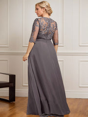 A-line Scoop Illusion Floor-Length Chiffon Lace Mother of the Bride Dress With Pleated Sequins Beading