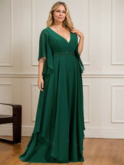 A-line V-Neck Floor-Length Chiffon Mother of the Bride Dress With Sequins Appliques Lace Beading