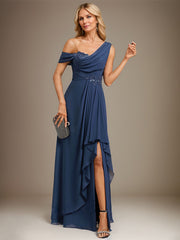 A-line Asymmetrical Floor-Length Chiffon Evening Dress With Cascading Ruffles Appliques Lace Sequins