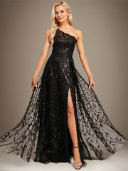 A-line One Shoulder Illusion Floor-Length Sequin Lace Evening Dress