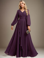 A-line Cold Shoulder V-Neck Floor-Length Chiffon Mother of the Bride Dress With Cascading Ruffles Beading