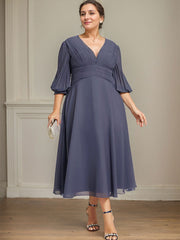 A-line V-Neck Tea-Length Chiffon Mother of the Bride Dress With Pleated