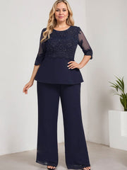 Separates Pantsuit Scoop Floor-Length Lace Chiffon Mother of the Bride Dress With Sequins