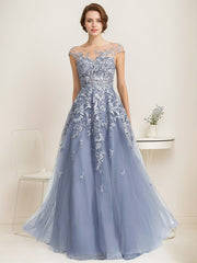 A-line Off the Shoulder Illusion Floor-Length Tulle Lace Evening Dress