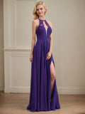 A-line Illusion Scoop Floor-Length Chiffon Evening Dress With Appliques Lace