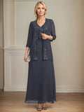 A-line V-Neck Ankle-Length Lace Sequin Chiffon Mother of the Bride Dress