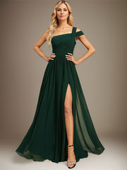 A-line Cold Shoulder One Shoulder Floor-Length Chiffon Evening Dress With Pleated