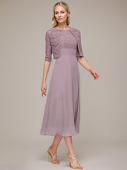 A-line/Princess Scoop Tea-Length Chiffon Mother of the Bride Dress With Lace Jacket