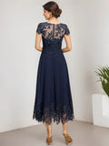 A-line Scoop Illusion Tea-Length Lace Chiffon Mother of the Bride Dress With Sequins