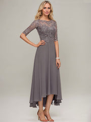 A-line Illusion Boat Neck Asymmetrical Chiffon Lace Mother of the Bride Dress With Sequins Beading