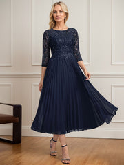 A-line Scoop Illusion Tea-Length Lace Chiffon Mother of the Bride Dress With Sequins Pleated