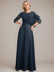 A-line Scoop Illusion Floor-Length Chiffon Lace Mother of the Bride Dress With Ruffle Sequins Beading