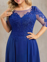 A-line Scoop Illusion Tea-Length Lace Chiffon Mother of the Bride Dress With Sequins