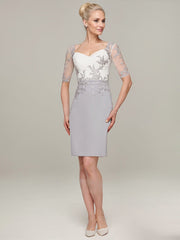 Sheath/Column V-Neck Knee-Length Satin Mother of the Bride Dress With Jacket Appliqued