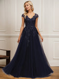 A-line V-Neck Floor-Length Tulle Lace Mother of the Bride Dress With Sequins