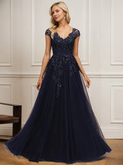 A-line V-Neck Floor-Length Tulle Lace Mother of the Bride Dress With Sequins