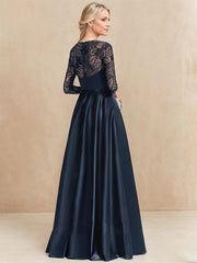 A-line Scoop Illusion Floor-Length Satin Lace Mother of the Bride Dress With Sequins