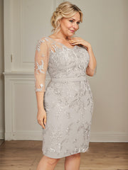 Sheath/Column V-Neck Knee-Length Lace Chiffon Mother of the Bride Dress