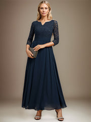 A-line V-Neck Ankle-Length Chiffon Lace Mother of the Bride Dress With Rhinestone