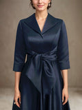 A-line V-Neck Collared Tea-Length Satin Mother of the Bride Dress