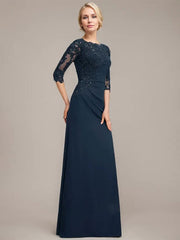 A-line Scoop Floor-Length Chiffon Lace Mother of the Bride Dress With Sequins Beading Pleated