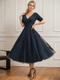 A-line V-Neck Tea-Length Tulle Lace Mother of the Bride Dress With Pleated