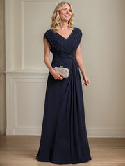 A-line V-Neck Floor-Length Chiffon Mother of the Bride Dress With Pleated Sequins Beading