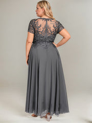 A-line V-Neck Illusion Ankle-Length Lace Chiffon Mother of the Bride Dress With Sequins