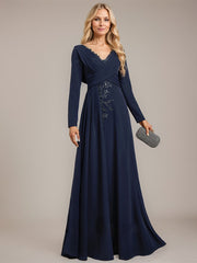 A-line V-Neck Floor-Length Stretch Crepe Evening Dress With Pleated Sequins Appliques Lace