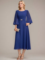 A-line Scoop Tea-Length Chiffon Mother of the Bride Dress With Crystal Brooch Pleated