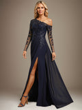 Trumpet/Mermaid Asymmetrical Illusion Floor-Length Lace Chiffon Evening Dress With Sequins