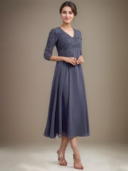 A-line V-Neck Tea-Length Chiffon Lace Mother of the Bride Dress With Beading