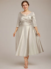 A-line V-Neck Tea-Length Satin Mother of the Bride Dress With Pleated