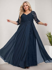 A-line V-Neck Floor-Length Lace Chiffon Mother of the Bride Dress With Sequins