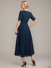 A-line Scoop Tea-Length Chiffon Mother of the Bride Dress With Appliques Lace Sequins