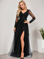 A-line V-Neck Floor-Length Tulle Prom Dresses With Sequins Appliques Lace Beading