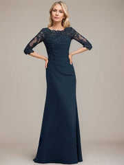 A-line Scoop Floor-Length Chiffon Lace Mother of the Bride Dress With Sequins Beading Pleated