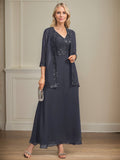 A-line V-Neck Ankle-Length Lace Sequin Chiffon Mother of the Bride Dress