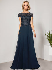 A-line Scoop Illusion Floor-Length Lace Chiffon Evening Dress With Sequins