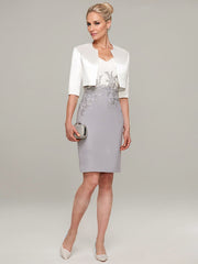 Sheath/Column V-Neck Knee-Length Satin Mother of the Bride Dress With Jacket Appliqued