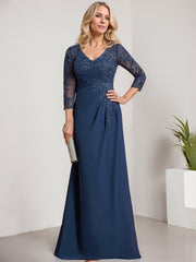 Sheath/Column V-Neck Illusion Floor-Length Lace Chiffon Mother of the Bride Dress With Pleated Sequins